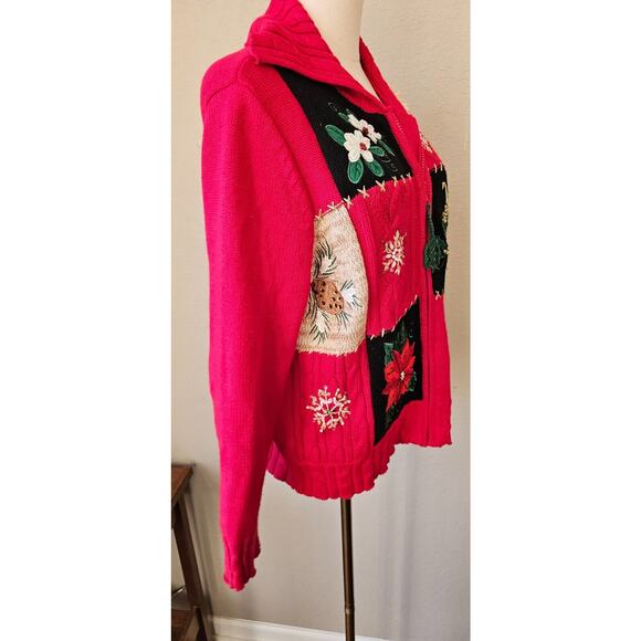 Vintage Heirloom Collectibles Christmas Cardigan Sweater Poinsetta Grandma L Pet - Picture 6 of 7